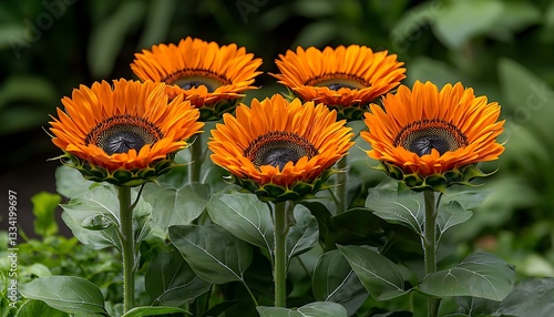 Five vibrant sunflowers in full bloom with green leaves
