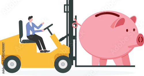 Delivery or moving piggy bank concept. Forklift with house

