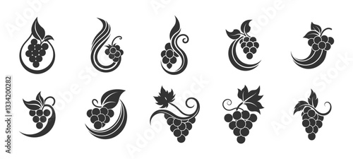 Collection of grapevine decorative icons with leaves and tendrils in black silhouette style