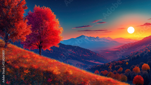 Scenic autumn countryside with colorful trees and mountains in the distance under moonlight
