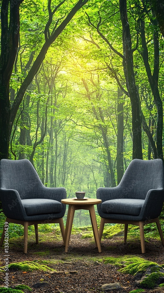 Fototapeta premium Chairs & Coffee in Forest Relaxing nature escape with lush green trees, ideal for calm backgrounds