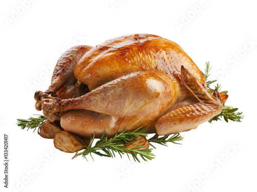 A beautifully roasted turkey, a centerpiece for festive celebrations, perfectly cooked and ready to serve. transparent background, cut out, PNG 3D Digital Art.