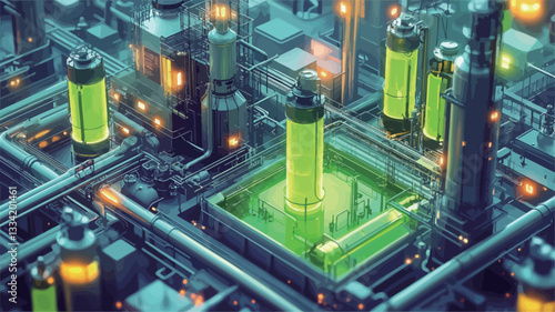 A digital rendering depicting a futuristic energy plant from a high-angle isometric perspective.  The scene is dominated by numerous tall, cylindrical containers filled with a bright, glowing green