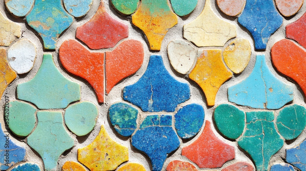 Colorful Mosaic Tiles in Intricate Design on a Wall Surface Colorful Mosaic Tiles in Intricate Design on a Wall Surface