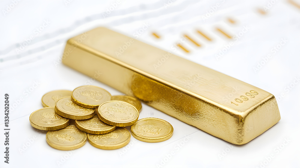 Gold bar with gold coins and investment chart background, symbolizing wealth, financial growth, and prosperity. A visual representation of smart investing and successful financial strategies.
Gold bar with gold coins and investment chart background, symbolizing wealth, financial growth, and prosperity. A visual representation of smart investing and successful financial strategies.
