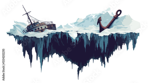 A digital illustration depicting a stylized iceberg or icy cliff with a partially submerged shipwreck on one side and a large anchor on the other. The style is painterly, with visible brushstrokes