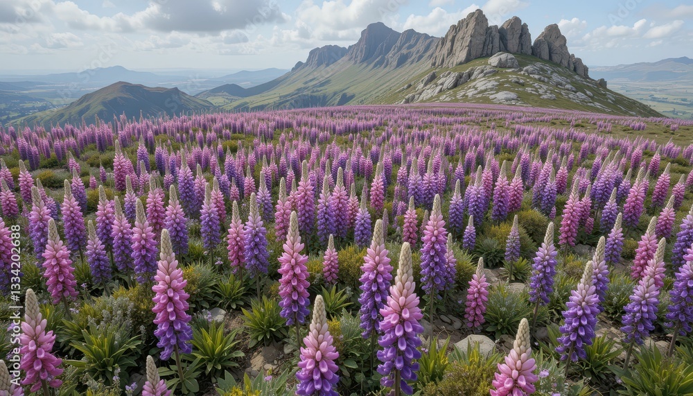 Obraz premium Vibrant Lupine Flowers Blooming in Scenic Mountain Landscape