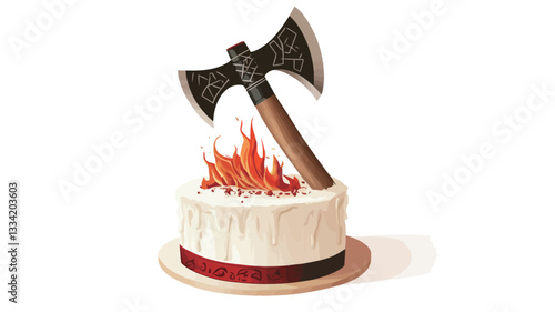 A digital illustration depicting a round white cake with white frosting and a red ribbon around the base.  A double-bit axe with a brown wooden handle is planted in the cake.  Stylized orange and