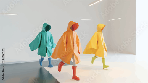 The image is a 3D render depicting three stylized figures walking. Each figure wears a brightly colored raincoat with a hood obscuring its face. The raincoats are teal, orange, and yellow.  The