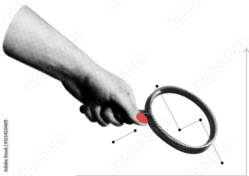 stylish collage monochrome halftone hand with magnifying glass, find, search statistics graph in vector cut out element sticker