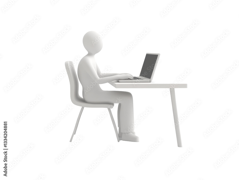 Isolated 3D White Figure Working on Laptop at Desk Side View Isolated 3D White Figure Working on Laptop at Desk Side View