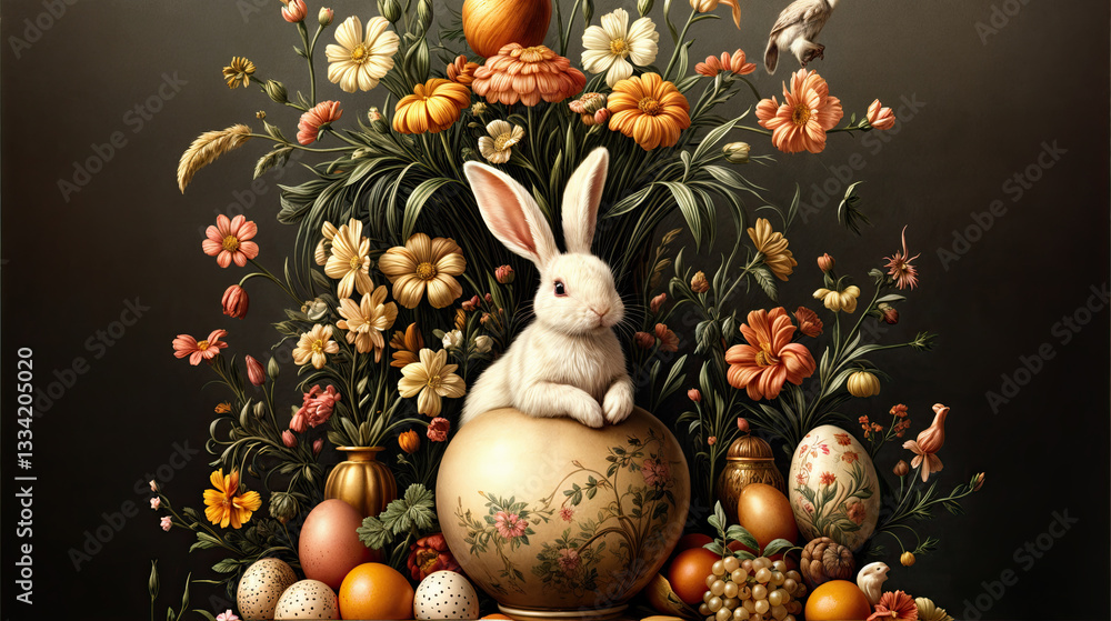 A delicate white rabbit nestled amidst a vibrant array of flowers and decorative eggs.