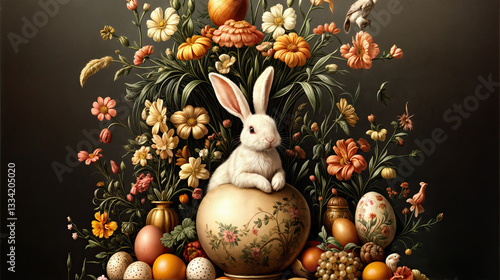 Obraz na płótnie A delicate white rabbit nestled amidst a vibrant array of flowers and decorative eggs. w salonie