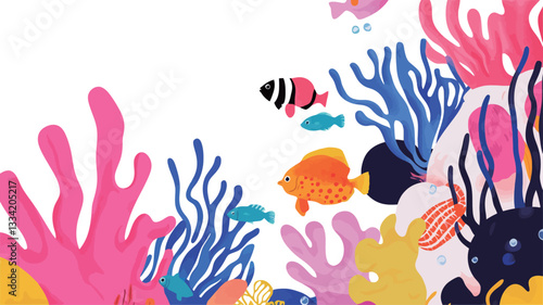A stylized illustration depicting a vibrant underwater scene. The image features various brightly colored fish swimming amongst coral of different shapes and colors. The style is illustrative, with