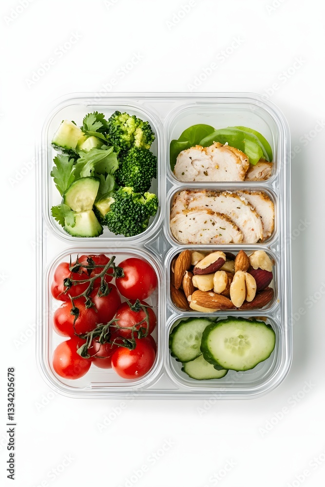 Fresh and Healthy Meal Prep Box with Vegetables, Chicken, and Nuts on a White Background Fresh and Healthy Meal Prep Box with Vegetables, Chicken, and Nuts on a White Background