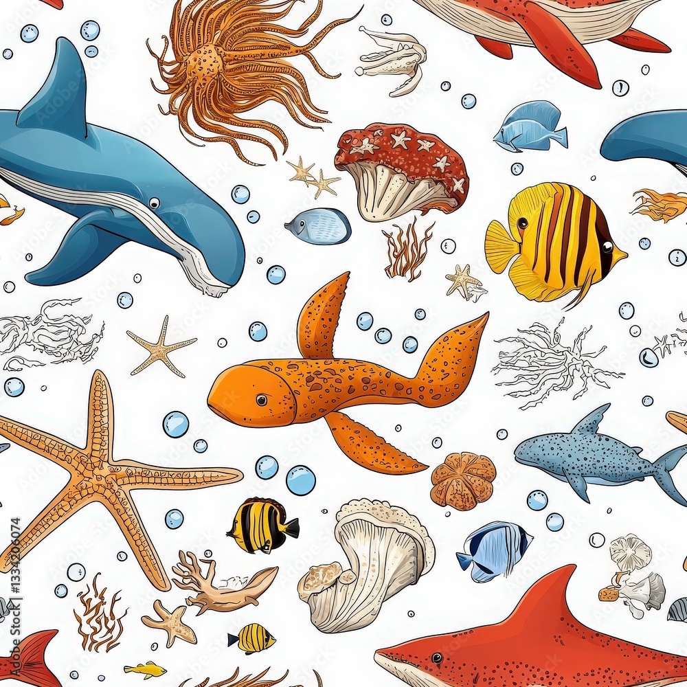 Fototapeta premium Colorful and diverse seamless pattern of various sea animals including fish, turtles, and other marine life