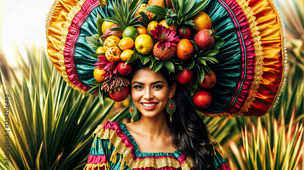 A vibrant display of fruits and flowers adorns a festive headdress.