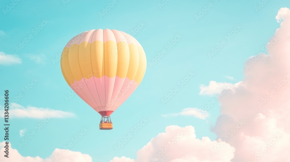 Naklejka premium Pastel hot air balloon floats, sunny sky, clouds