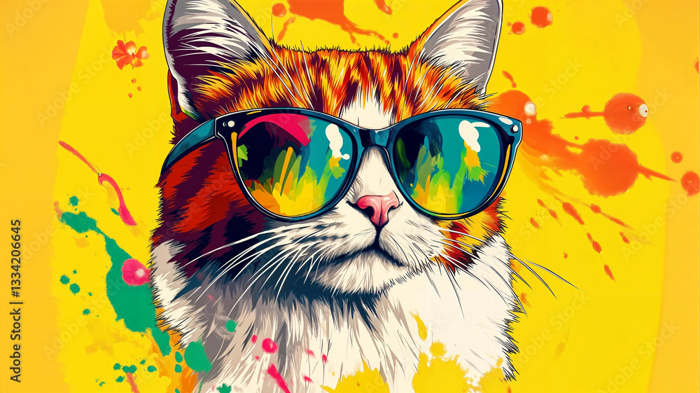 A vibrant cat, sporting stylish sunglasses, gazes confidently into the camera.