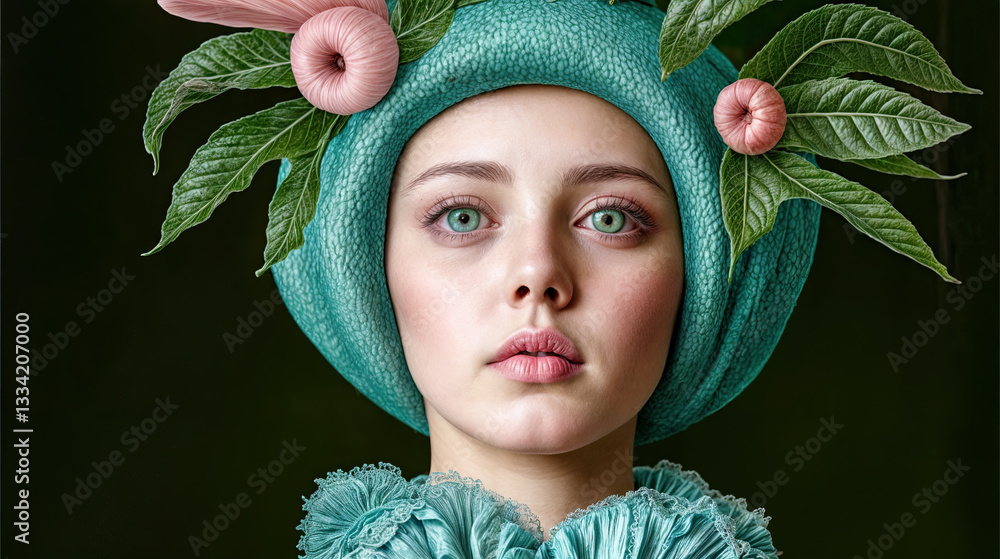 A woman with a teal headpiece adorned with pink blossoms and lush greenery.