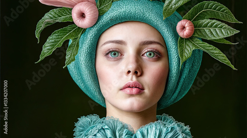 Obraz na płótnie A woman with a teal headpiece adorned with pink blossoms and lush greenery. w salonie