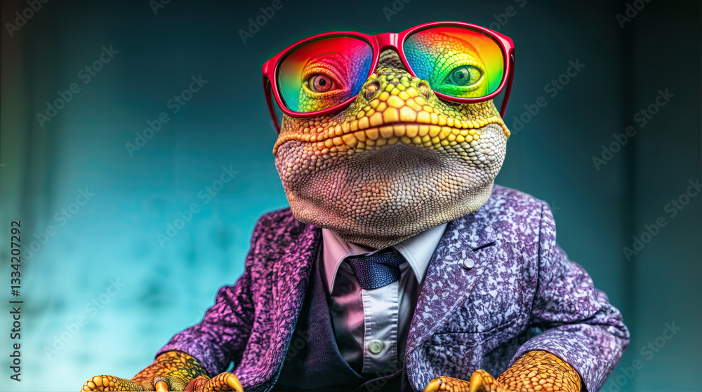 A lizard in a suit, sporting vibrant rainbow-tinted sunglasses, exudes a confident and stylish presence.