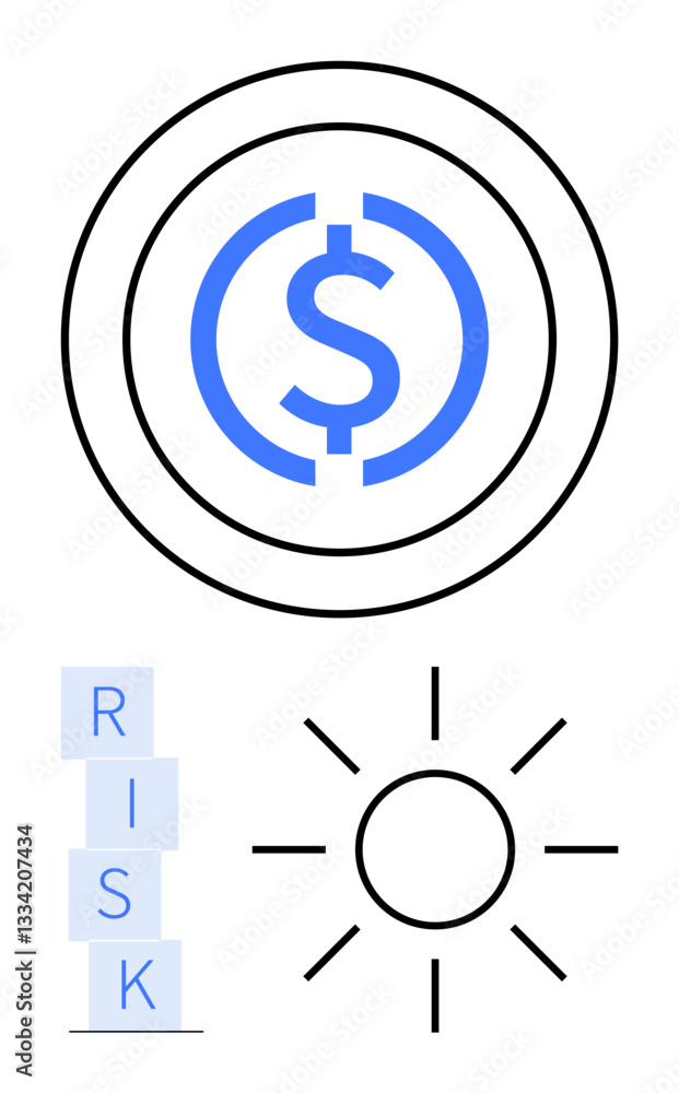 Dollar sign within concentric circles, stacked RISK blocks, and radiant sun. Ideal for finance, investment, economy, risk management, business strategy, growth abstract line flat metaphor Dollar sign within concentric circles, stacked RISK blocks, and radiant sun. Ideal for finance, investment, economy, risk management, business strategy, growth abstract line flat metaphor