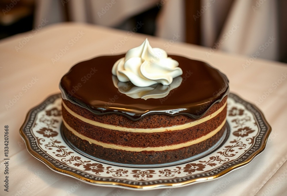 Sachertorte on decorative plate with elegant tablecloth Sachertorte on decorative plate with elegant tablecloth
