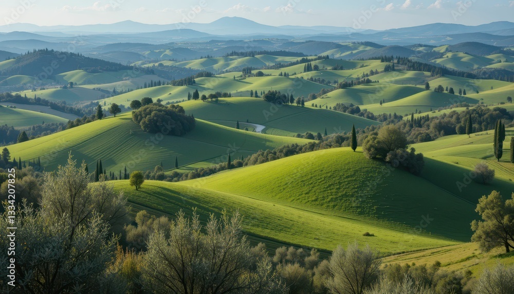 Obraz premium Lush Green Rolling Hills Under a Bright Blue Sky in Italy