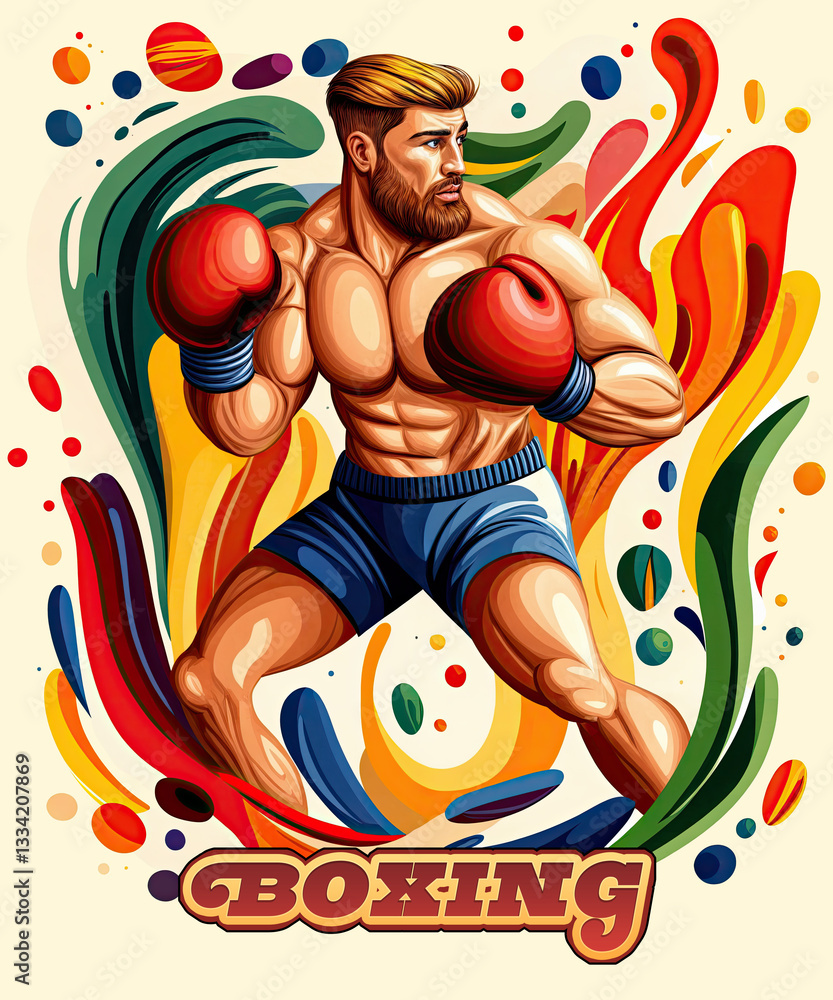 a colorful illustration of a boxer in action, with vibrant hues and dynamic lines. The word