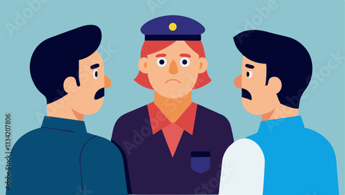 Serious Conversation An adult witness speaking earnestly to two police officers standing closely with serious facial expressions indicating the importance of the conversation.