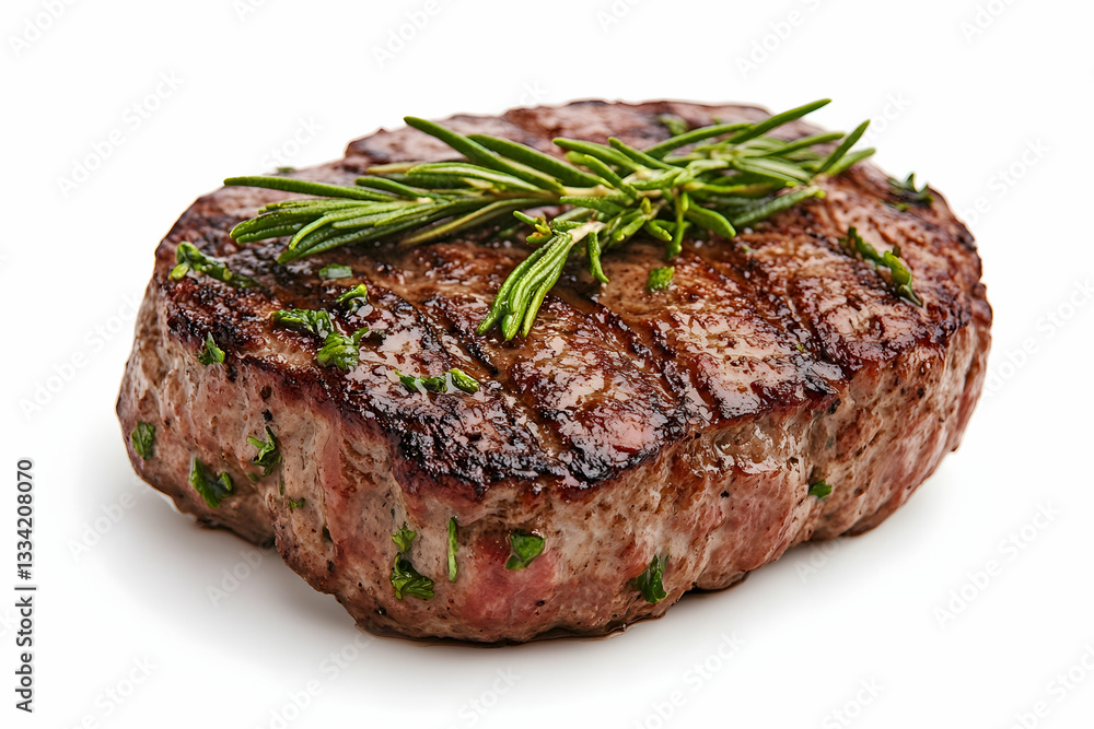 Grilled steak with rosemary garnish, isolated on white background Grilled steak with rosemary garnish, isolated on white background