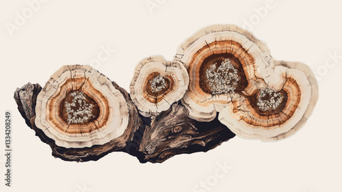 A detailed close-up illustration depicts a cluster of shelf fungi growing on a piece of dark brown wood. The fungi are primarily beige and off-white with concentric circles of orange-brown hues