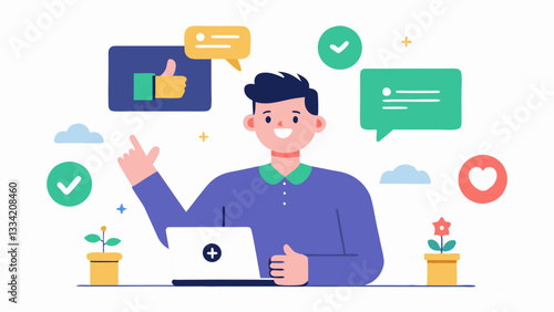 Feedback and Recognition Systems An illustration of a facilitator explaining an online feedback and recognition system to remote employees featuring thumbsup icons and employee