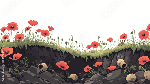 A digital illustration depicting a cross-section of a poppy field. The image showcases a stylized representation of the poppies above ground, with their red blooms and green stems, and their roots
