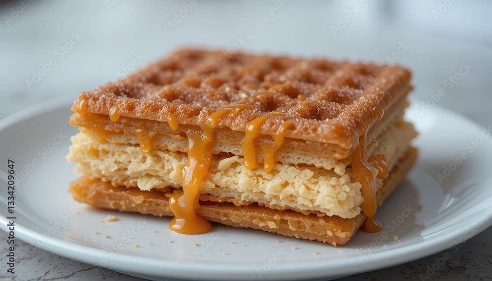 Delicious Caramel Waffle Dessert Layers Sweet Treat Close Up Delicious Caramel Waffle Dessert Layers Sweet Treat Close Up