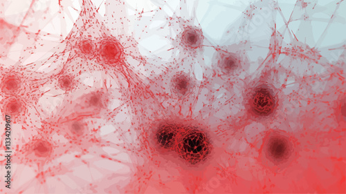 The image presents an abstract composition featuring a network of thin, red lines and clusters of darker red nodes against a predominantly white background. The red lines appear to branch and