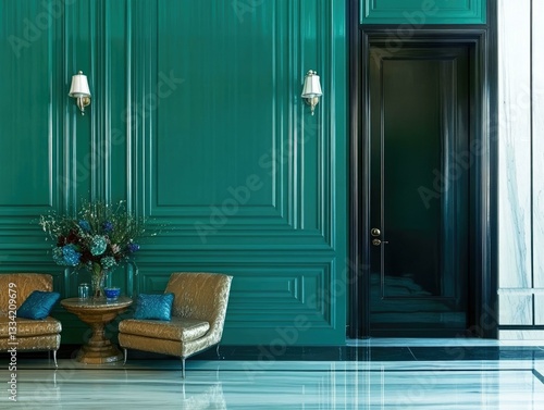 Emerald green color drenched hallway, paneled walls, elegant entryway, refined atmosphere