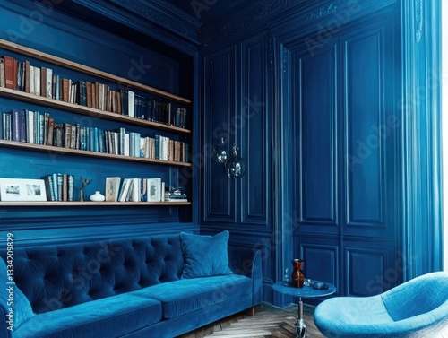 Blue color drenched library, deep navy walls, tufted blue velvet couch, warm ambient lighting