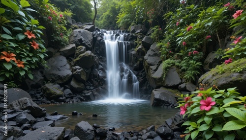 Serene Waterfall Surrounded by Lush Greenery and Vibrant Flowers