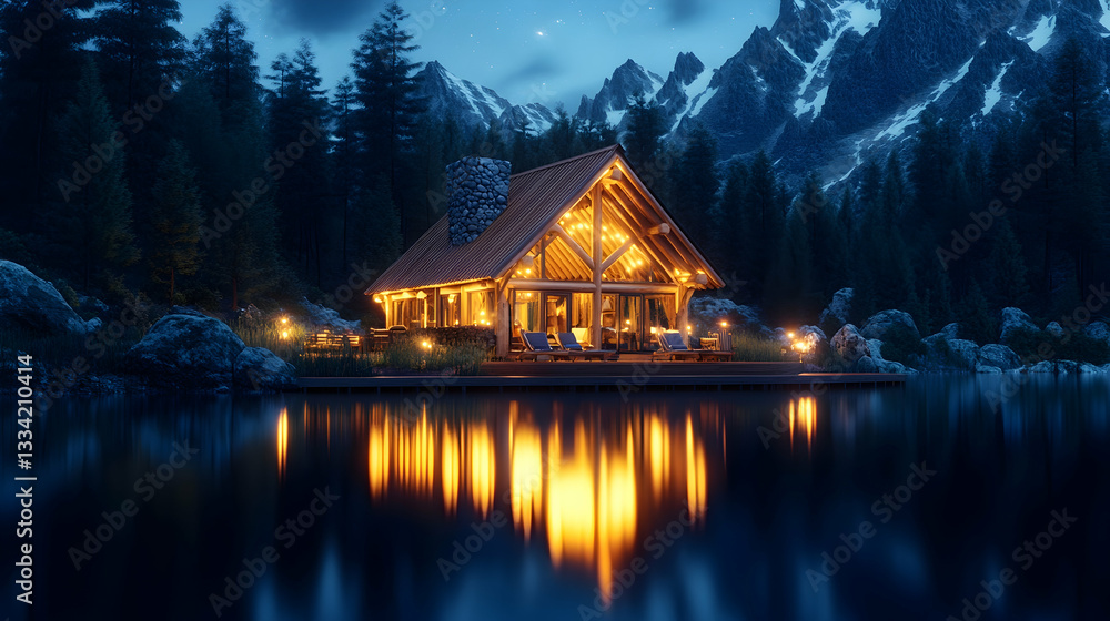 Fototapeta premium Illuminated lakeside cabin nestled in a majestic mountain range at twilight