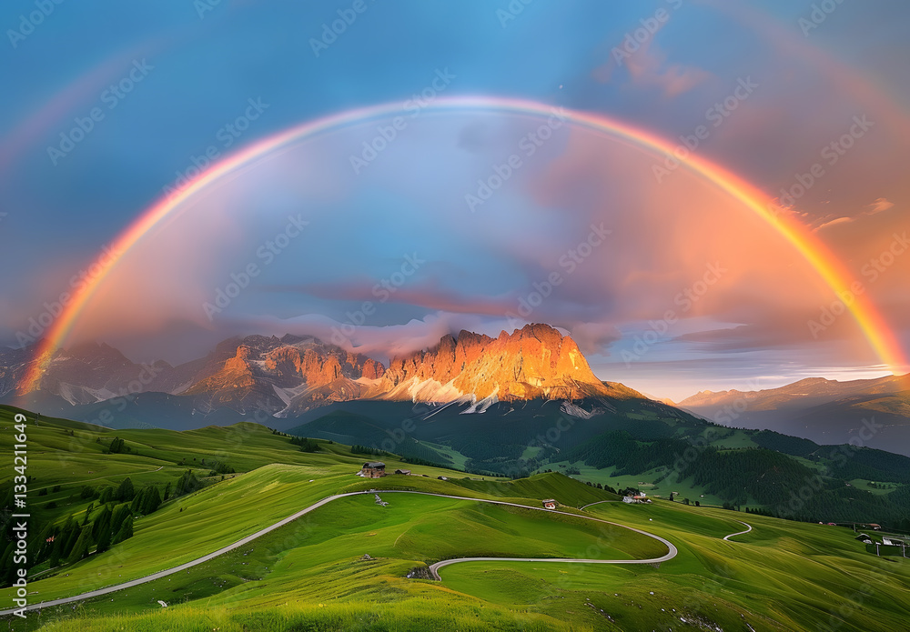 Obraz premium Mountains and grasslands under the rainbow