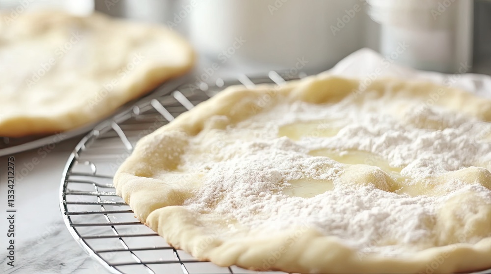 A wire rack with freshly fried dough draining excess oil. A wire rack with freshly fried dough draining excess oil.