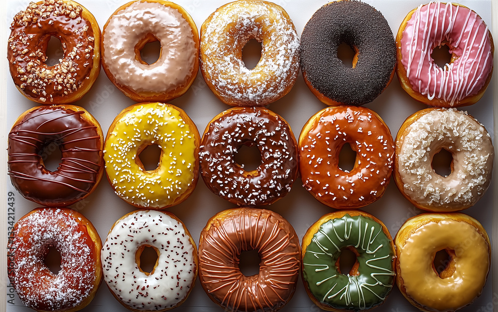Assorted Donuts with Various Glazes and Toppings Arranged in Rows on a White Background Assorted Donuts with Various Glazes and Toppings Arranged in Rows on a White Background