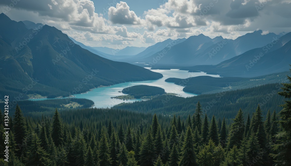 Obraz premium Serene Mountain Landscape with Lush Forest and Calm Lake Views