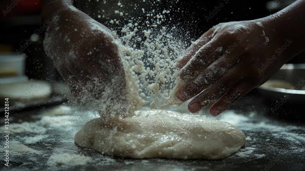 Hands stretching a piece of dough slightly before placing it in hot oil. Hands stretching a piece of dough slightly before placing it in hot oil.