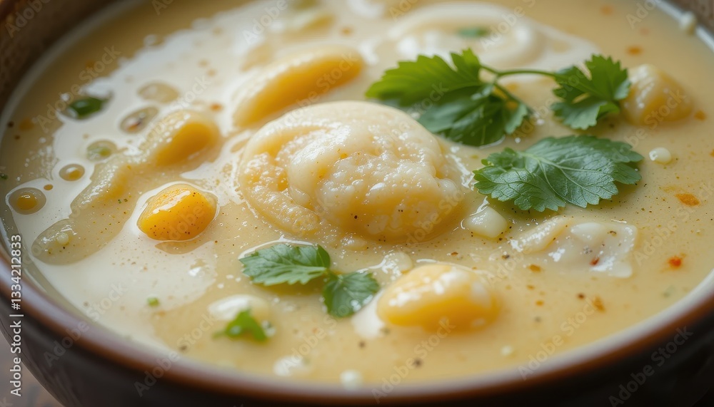 Creamy Potato Soup with Fresh Herbs Delicious Homemade Recipe Close Up