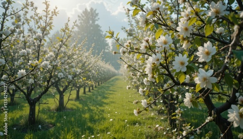 Blossoming Apple Trees in Sunlit Orchard with Delicate Flowers