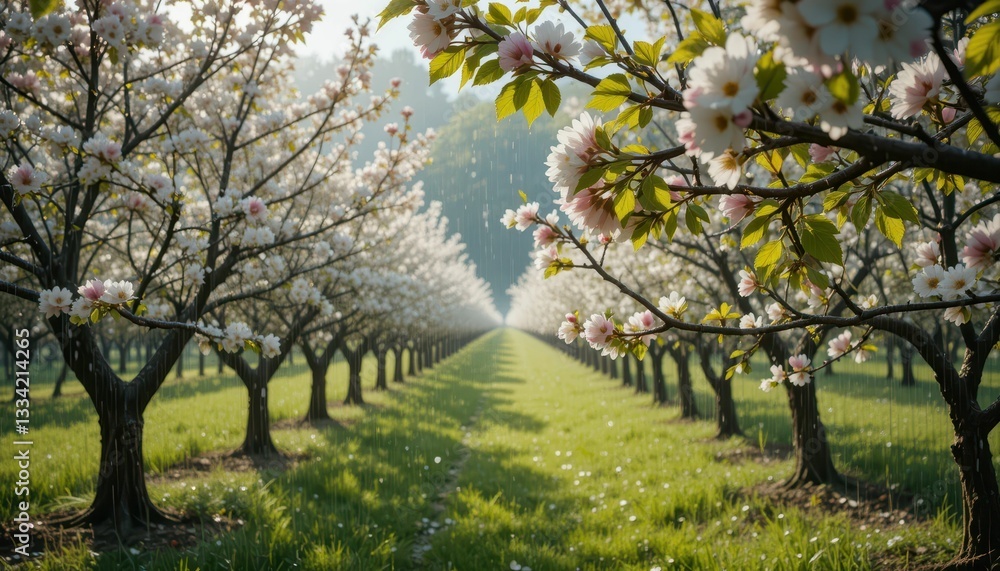 Serene Blossom Orchard Pathway Under Soft Morning Light Serene Blossom Orchard Pathway Under Soft Morning Light