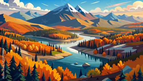The remarkable, stunning, autumn, fall landscape of Yukon Territory in Northern Canada. Drone, aerial woods, lake shot.